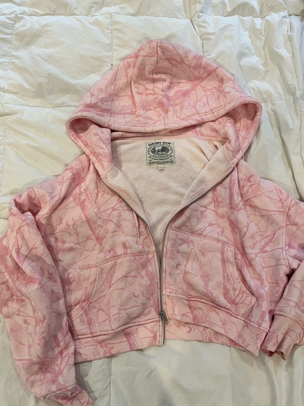 Send an Offer! - Dairy Boy Bubblegum Camo Cropped Zip Hoodie